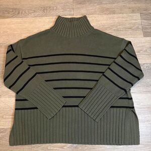 Gap100%Cotton Oversized Split Hem Mockneck Sweater Olive Green Black Striped [S]